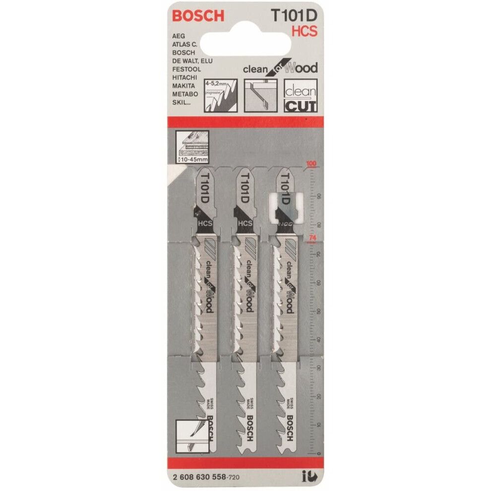 Bosch 2608630558 Clean Wood Jigsaw Blade, 1 Lug, Silver, Pack of 3