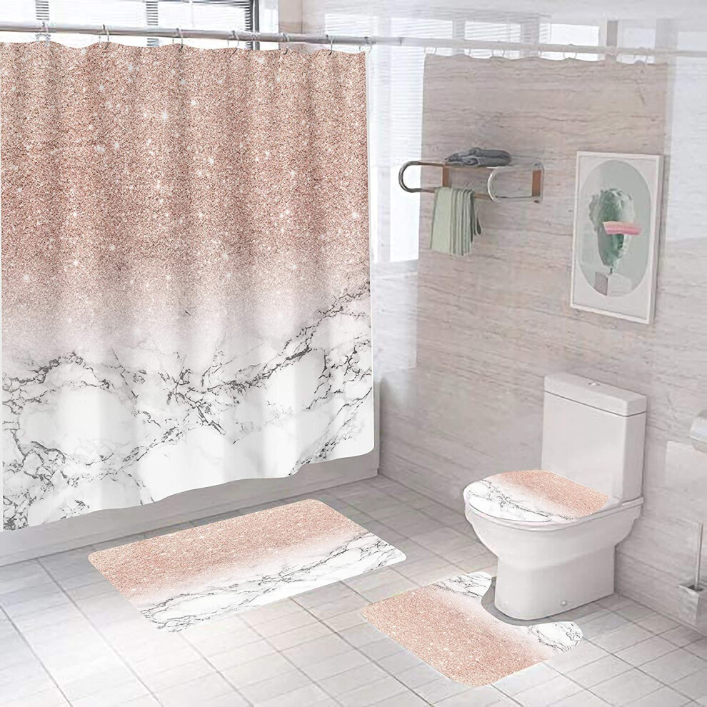 YUAOEUR Pink Marble Shower Curtain Set 4 Pieces Bathroom Marble 3D Printing Girl Rose Gold Shining(No Glitter) Fabric Curtain with Rugs and Bath Mat