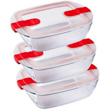 Pyrex Cook and Heat Cook & Heat Set of 3 Rectangular Glass Food Containers 1.1 L with Airtight Lid for Microwaves