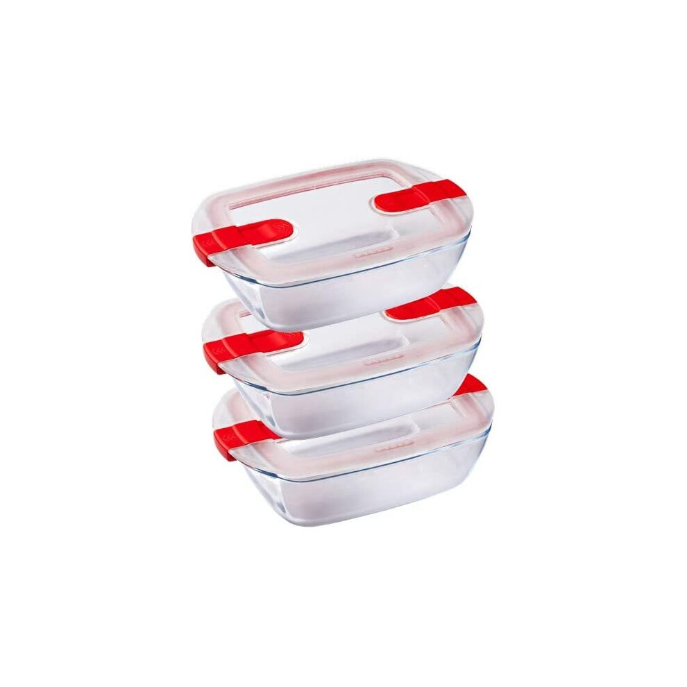 Pyrex Cook and Heat Cook & Heat Set of 3 Rectangular Glass Food Containers 1.1 L with Airtight Lid for Microwaves