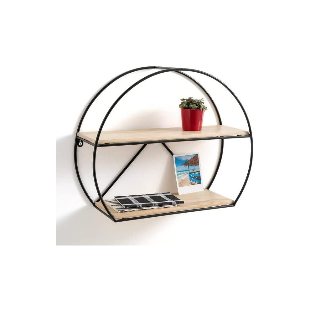 Homion Floating Circle Shelves|Metal & Wood Circle Round Wall Storage Wall Mounted |2 Tier