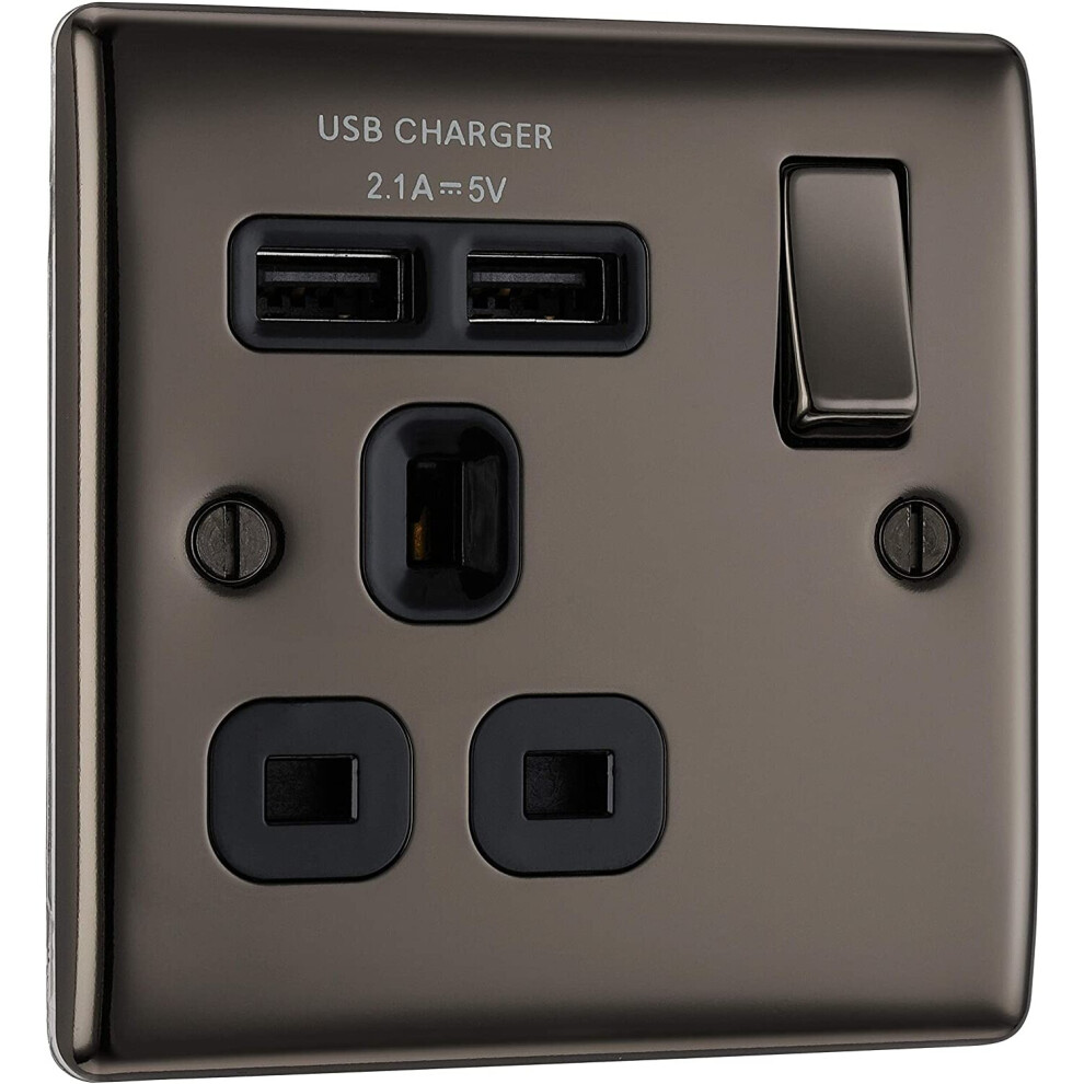 NEXUS METAL BLACK NICKEL SINGLE SWITCHED 13A POWER SOCKET WITH USB CHARGING - 2X USB SOCKETS (2.1A)