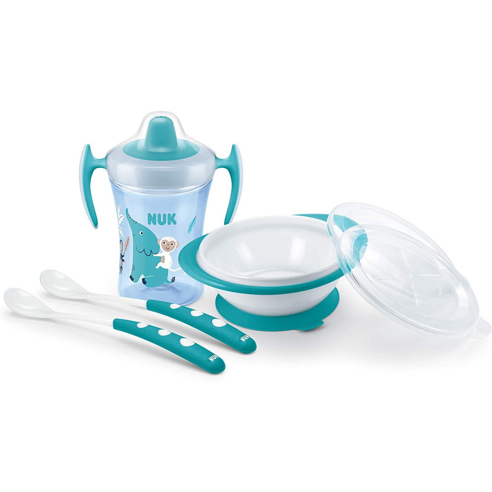 NUK Learn to Eat Set | Trainer Cup Sippy Cup (230 ml) | Feeding Bowl and Feeding Spoons | 6+ Months | BPA-Free | Blue | 4 Count