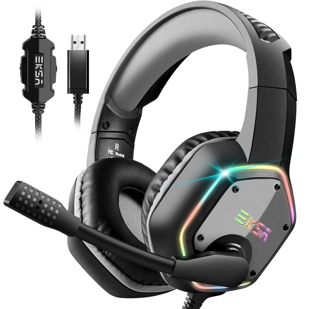 Eksa Usb Gaming Headset - Pc Headset With 7.1 3D Surround Sound Wired Headset With Noise Cancelling Mic, Rgb - Gaming Headphones For Pc, Ps4 Ps5 Light 619191371143