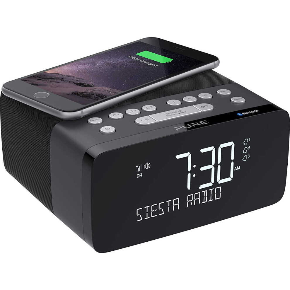 Pure Siesta Charge Bluetooth DAB+/DAB/FM Digital Radio Alarm Clock - Bedside DAB Radio with Qi Wireless Charging Pad for Smartphones and CrystalVue