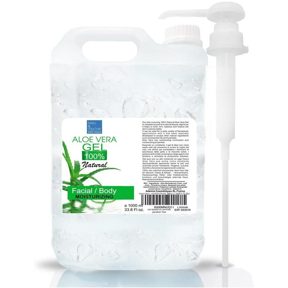 100% Natural Aloe Vera Gel 1000 ml Face Moisturiser Hair Gel Body Lotion - Aftersun Gel Aloe Vera Healing Eczema Sun Burn Razor Bumps - Stretch Marks