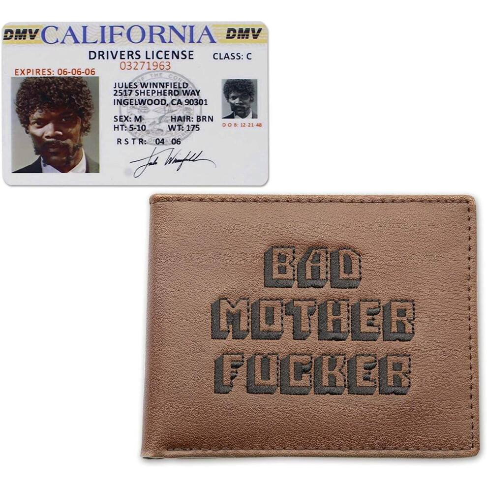 Close Up Pulp Fiction Bad Mother Wallet Set With Jules Winnfield Driver Licence Replica - Brown Leather Embroidered, Officially Licensed Red,Brown