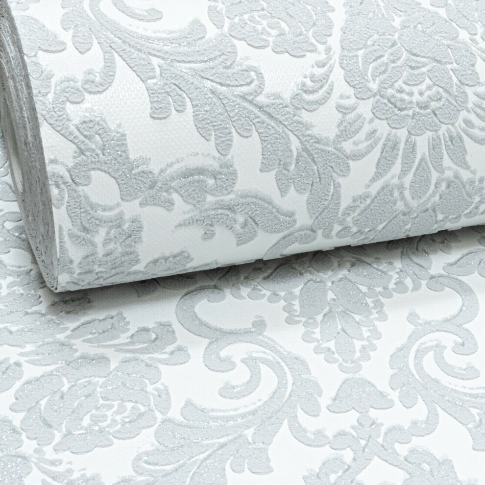 Silver Glitter Grey White Damask Heavy Duty Vinyl Feature 3D Wallpaper