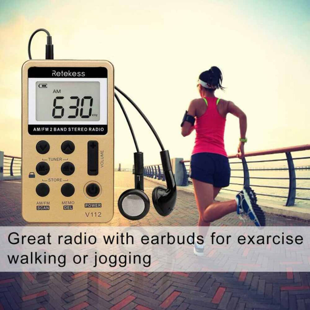 (Gold) Retekess V112 Pocket Am Fm Radio Rechargeable Stereo Earphone Walkman Gold 771700644169
