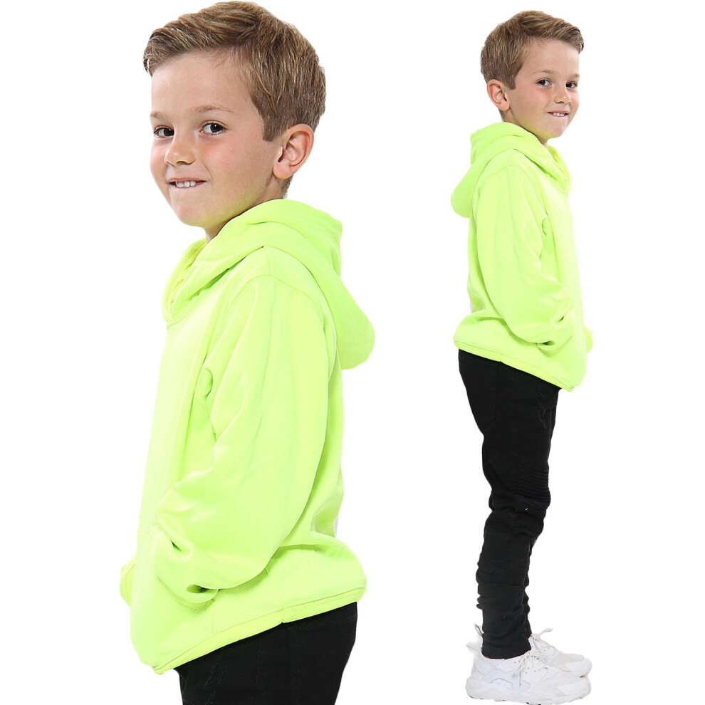 (7-8 Years, Neon Green) Unisex Sweat Shirt Plain Neon Green Hooded 2-13