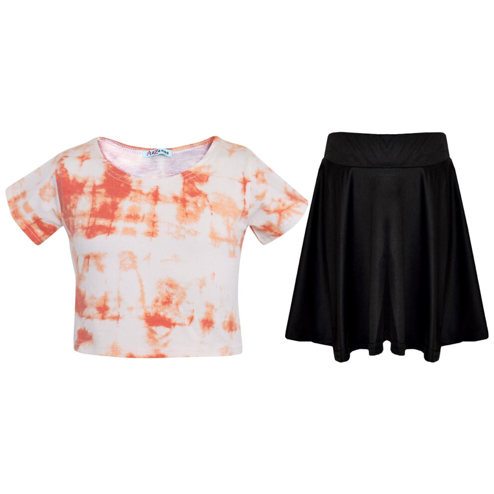 (5-6 Years, Orange) Girls Crop Top & Skirt Tie Dye Print Clothing Sets-image-OPC-P8XJRRV-NEW