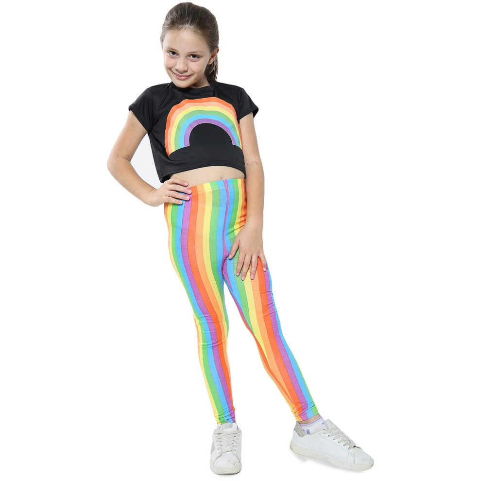 (5-6 Years, Black) Girls Rainbow Print Black Belly Crop & Legging Set-image-OPC-P8XJRJF-NEW