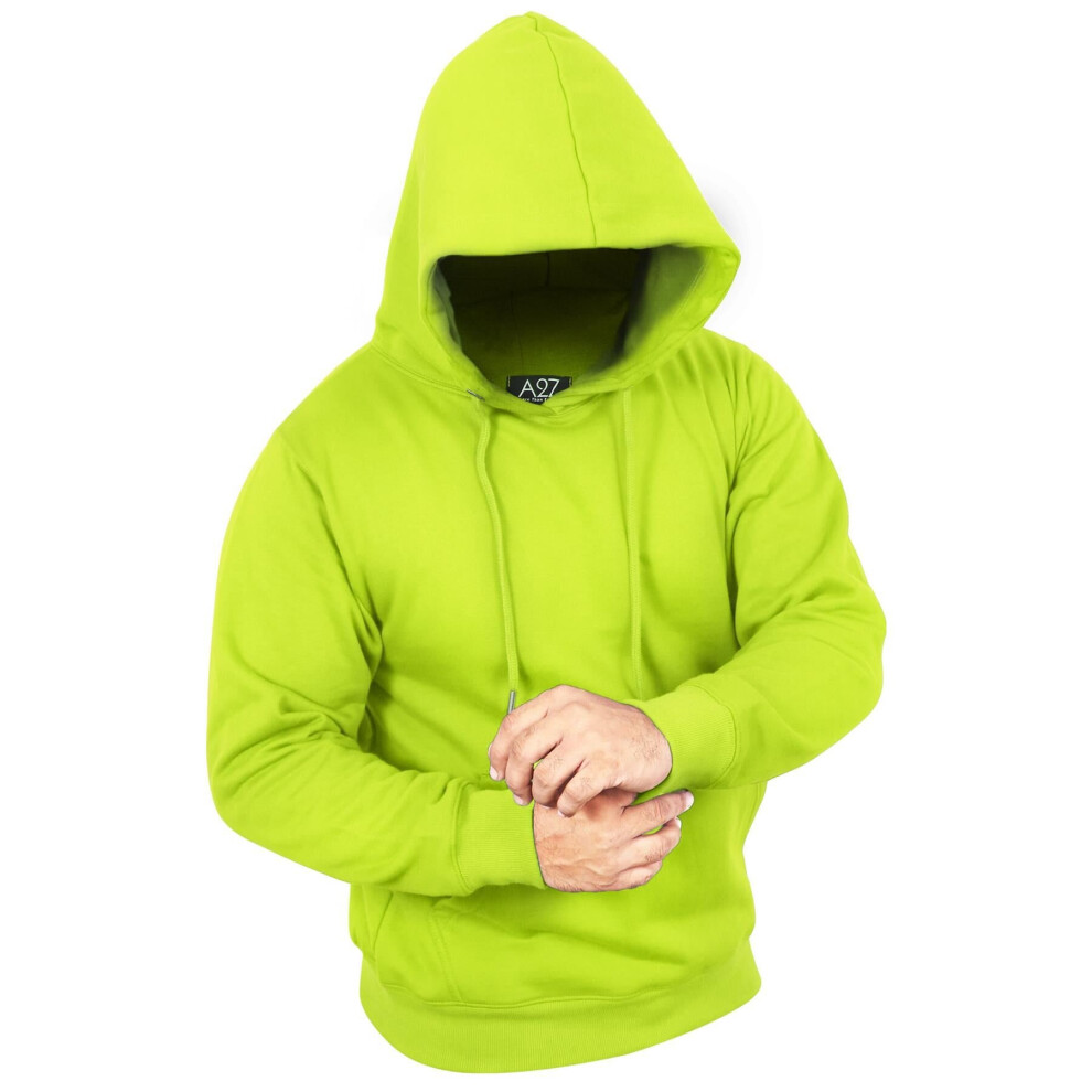 (L, Neon Green) Mens Fleece Hoodie Pullover Hooded Sweatshirt S-XL