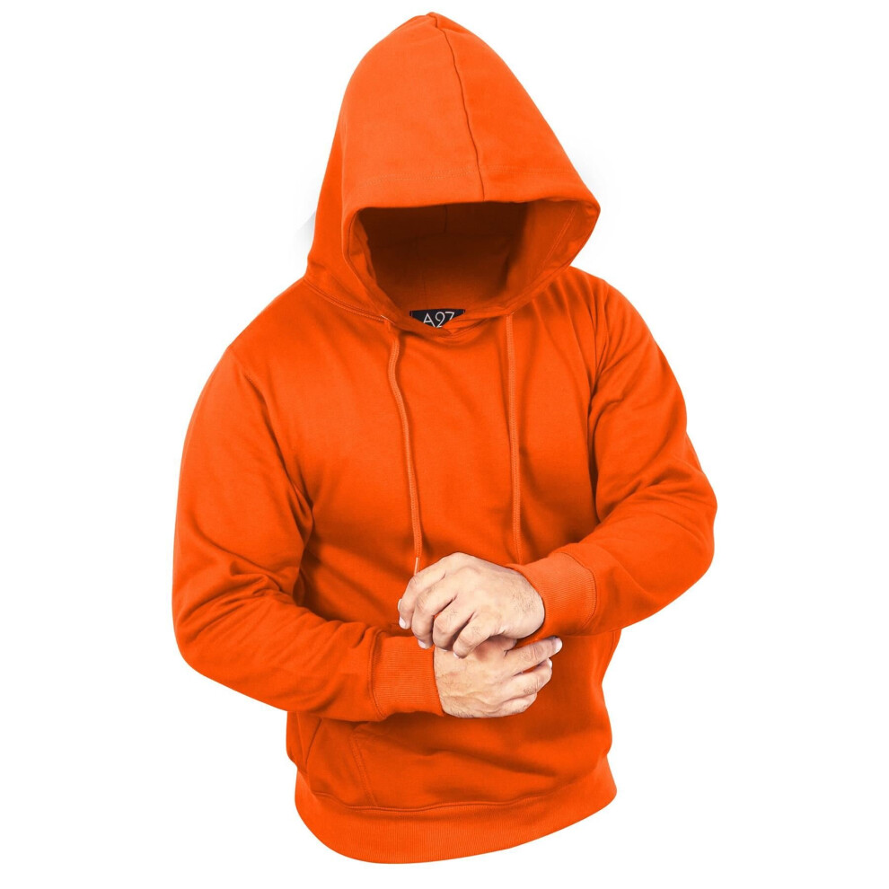 (L, Neon Orange) Mens Fleece Hoodie Pullover Hooded Sweatshirt S-XL