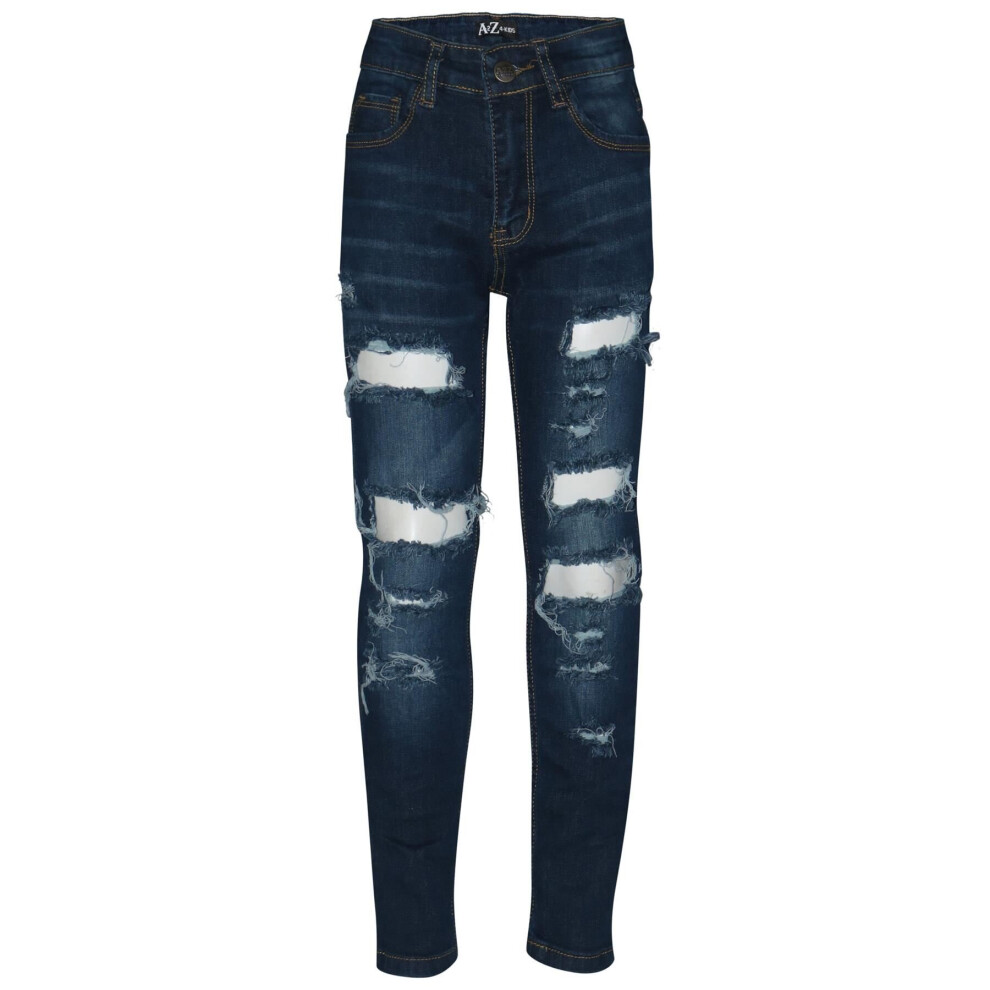 (5-6 Years, Dark Blue) Kids Ripped Denim Jeans Comfort Stretch Trousers