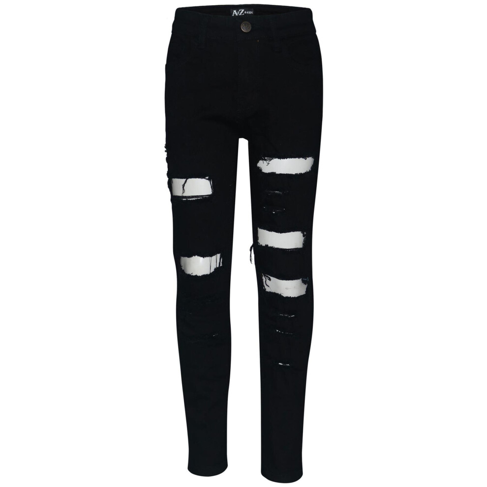 (9-10 Years, Jet Black) Kids Ripped Denim Jeans Comfort Stretch Trousers