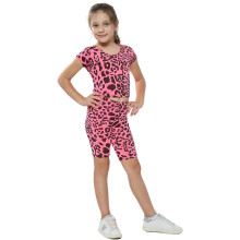 (13 Years, Neon Pink) Kids Girls Crop Top & Cycling Shorts Leopard Print