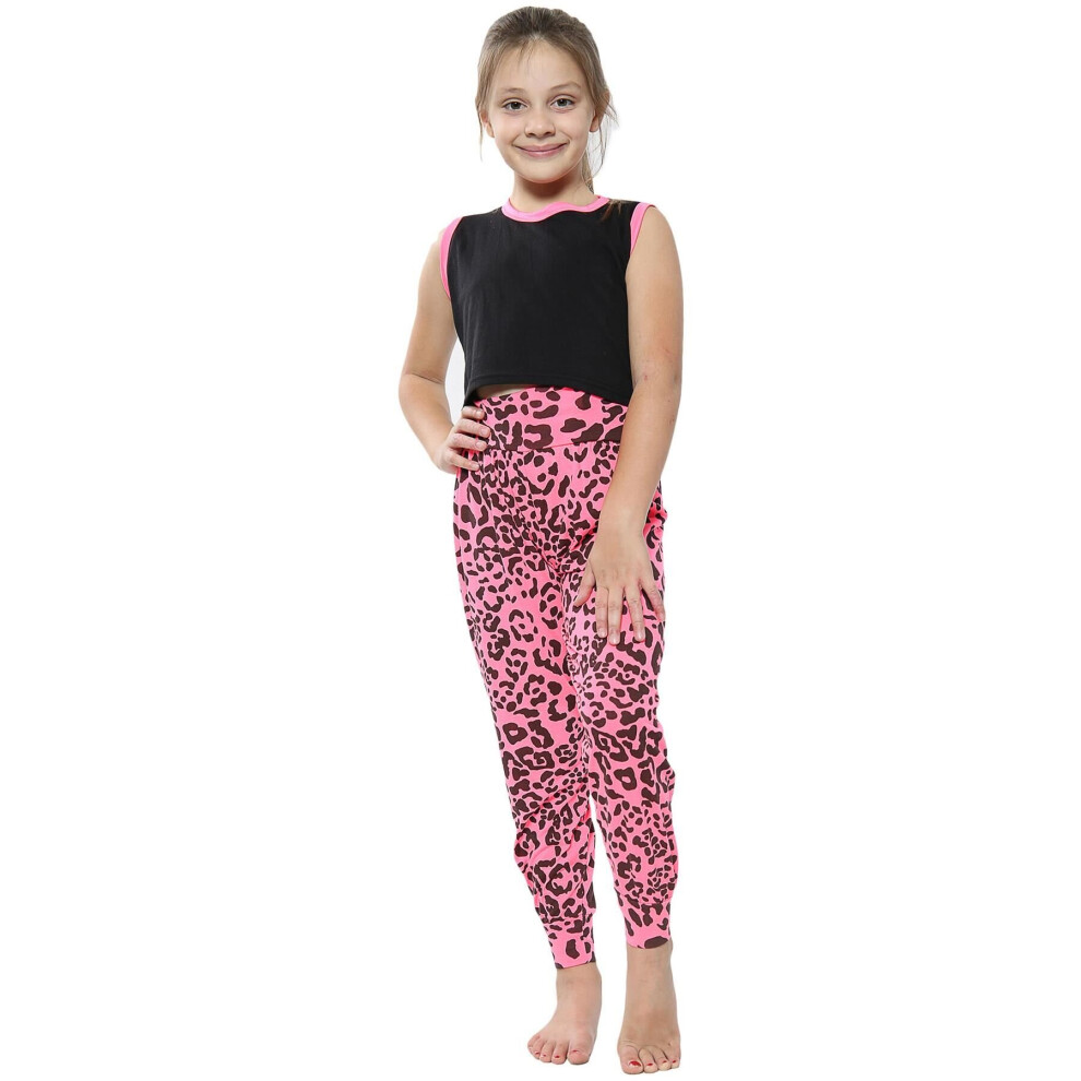 (11-12 Years, Neon Pink) Kids Girls Ali Baba Harem Trouser Leopard Print