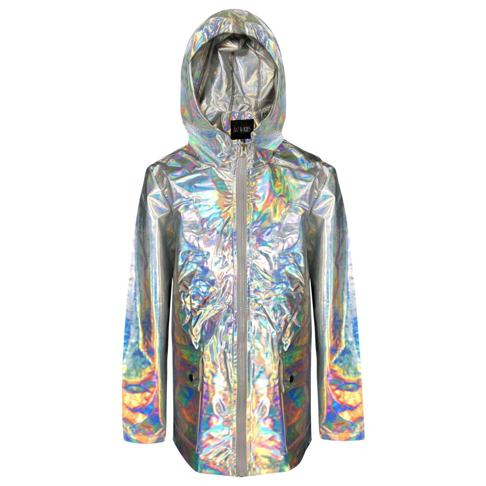 (12-13 Years, Foil Silver) Girls Holographic Shiny Rain Mac Waterproof Raincoat