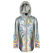 (14-15 Years, Foil Silver) Girls Holographic Shiny Rain Mac Waterproof Raincoat
