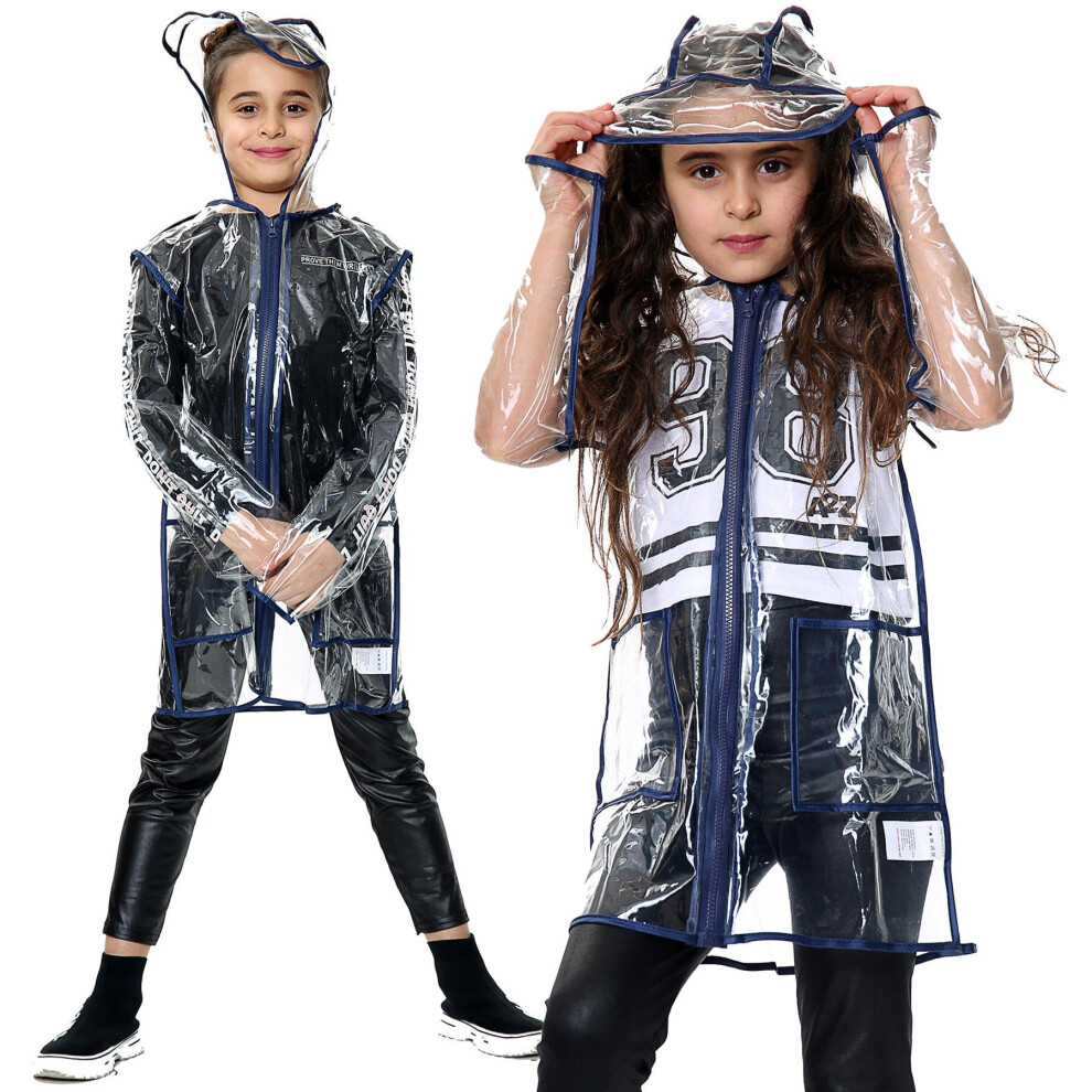 (13 Years, Navy) Girls EVA Transparent Rainwear Hooded Raincoat