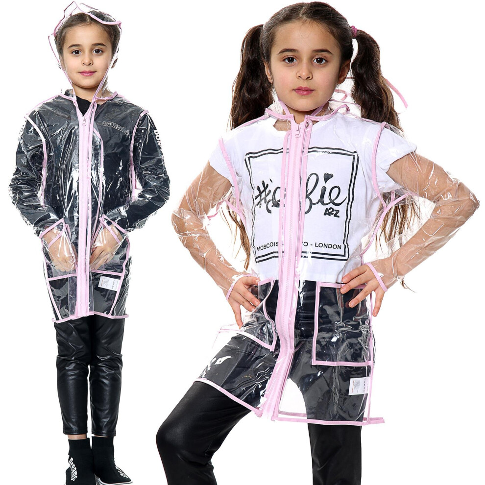 (13 Years, Baby Pink) Girls EVA Transparent Rainwear Hooded Raincoat