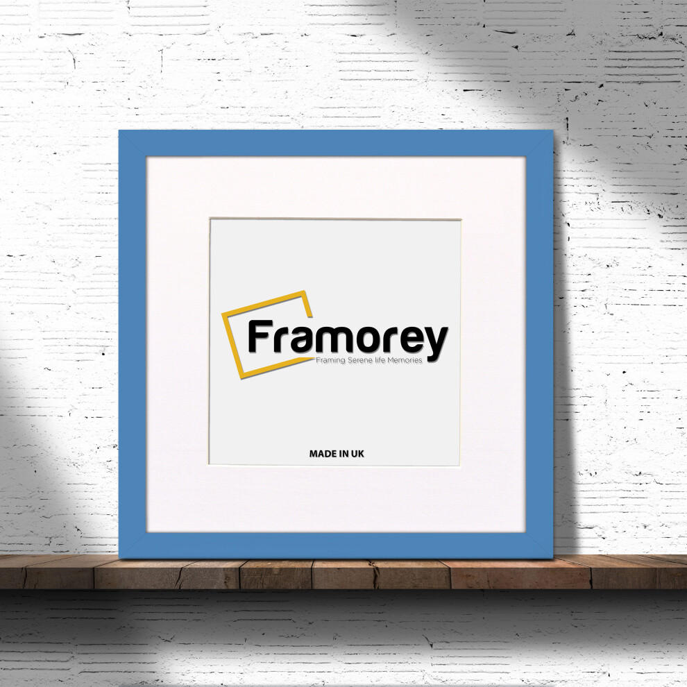 (Blue With White Mount, 25x25CM Pic (30x30CM Frame)) Square Size Blue Picture Frame Photo Frames With Multicolored Mount Flat Wooden Poster Frames