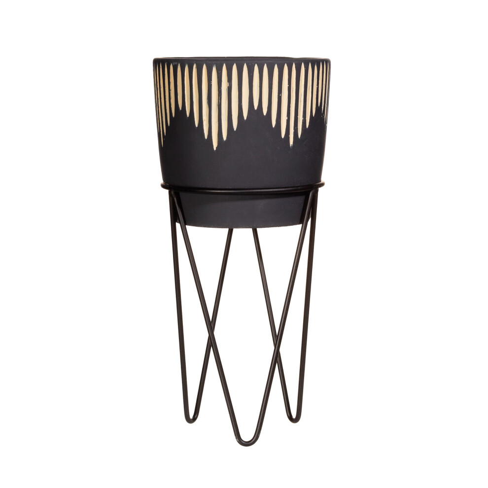 Black Sgrafitto Planter With Wire Stand