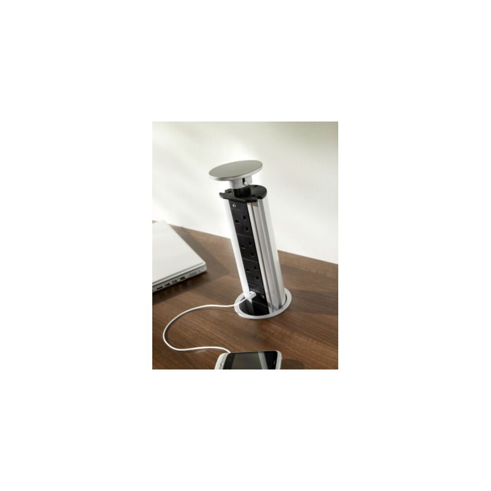 Litetech SY7192SI Pop Up Socket 3 Way with 2 x USB (Matt Silver)