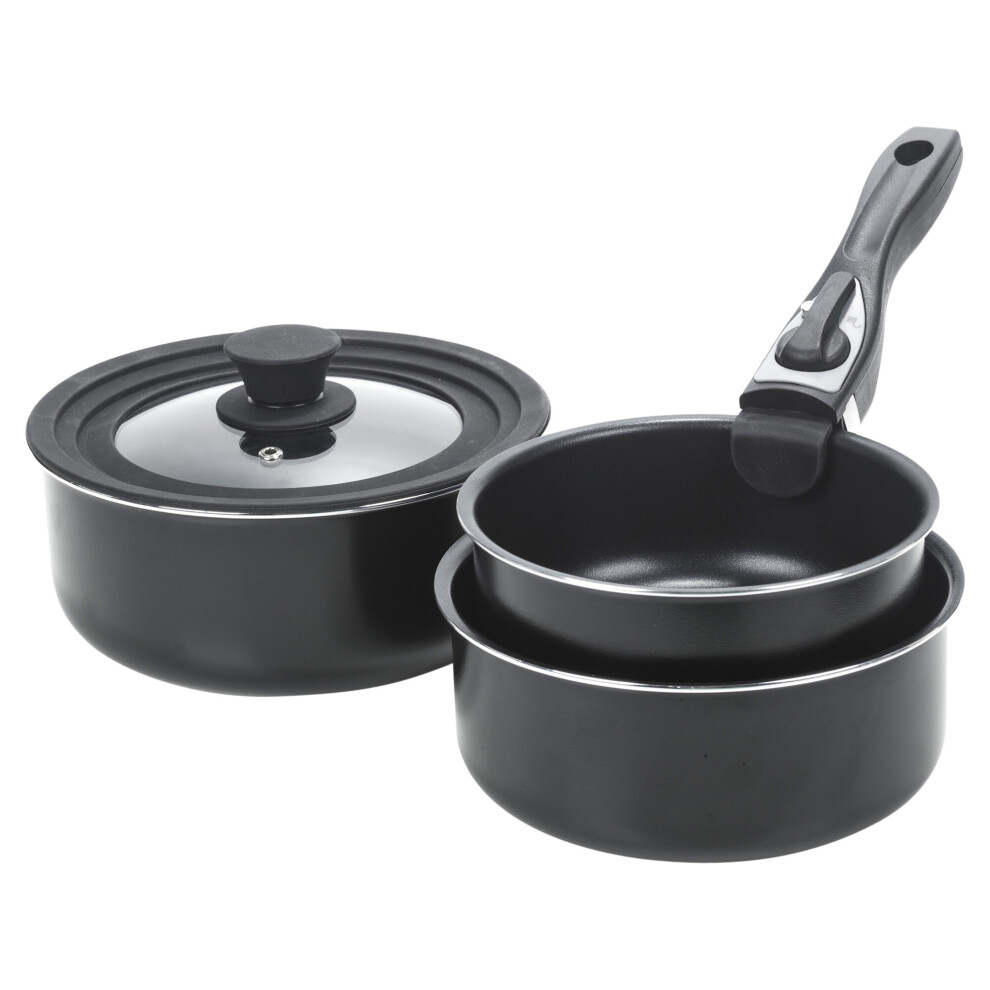 (3 Piece Saucepan + Multi-size Glass Lid) 3 Pcs Black Ceramic Induction Stackable Pots Pans