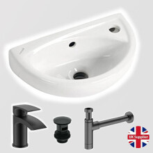 Compact Bathroom Basin Wall Hung Incl Black Mixer Tap Waste & Trap