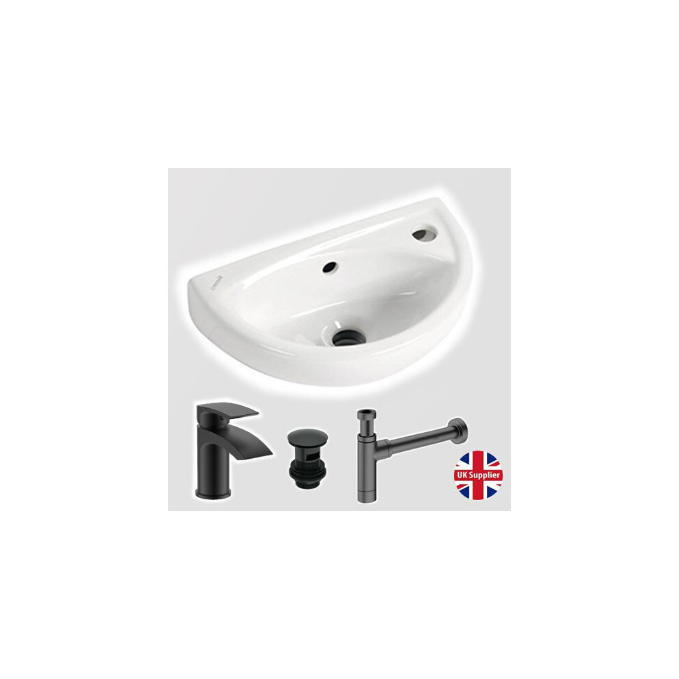 Compact Bathroom Basin Wall Hung Incl Black Mixer Tap Waste & Trap 5060651459454