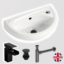 Small Compact Cloakroom Basin Wall Hung Incl Black Tap & Waste & Trap
