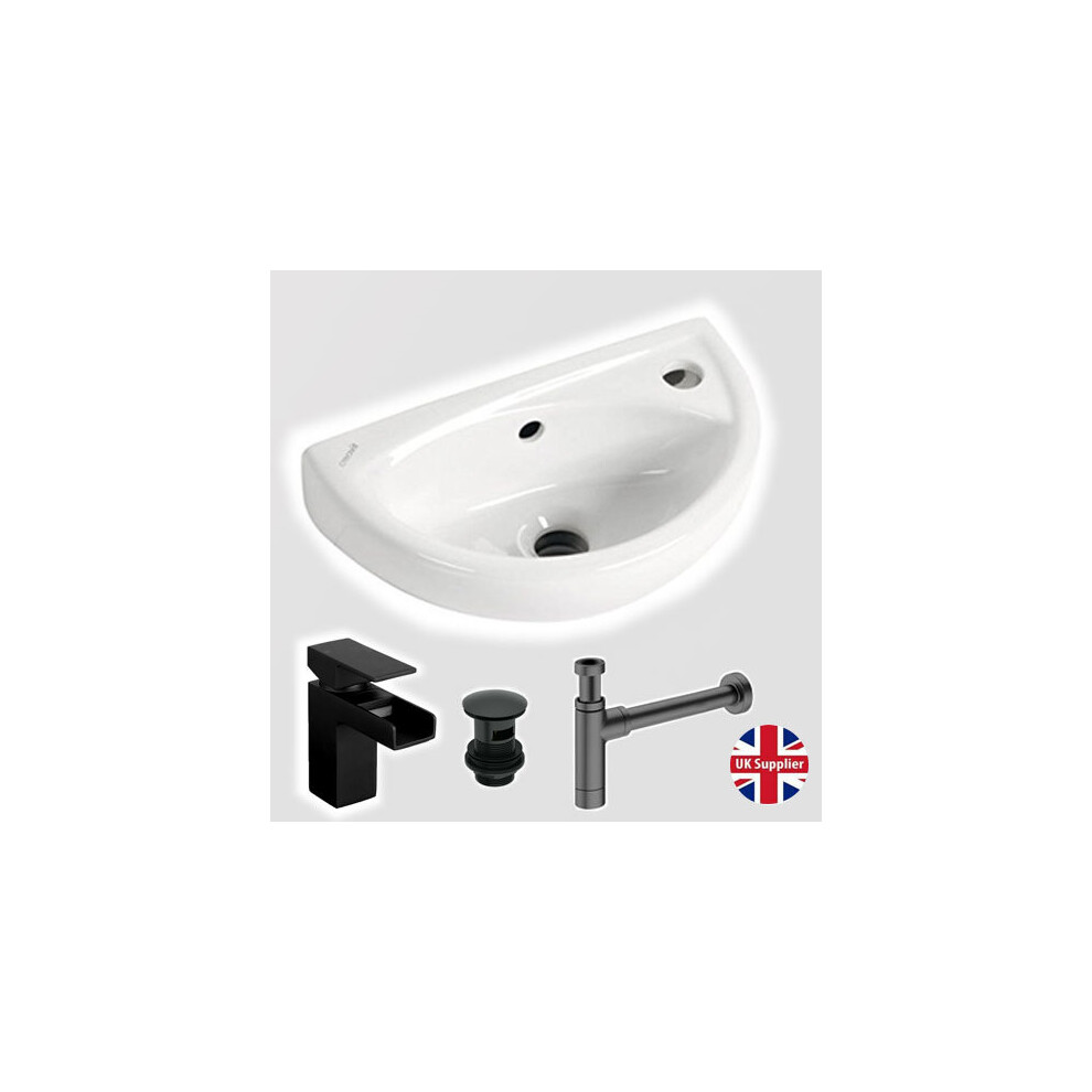 Small Compact Cloakroom Basin Wall Hung Incl Black Tap & Waste & Trap 5060651459461