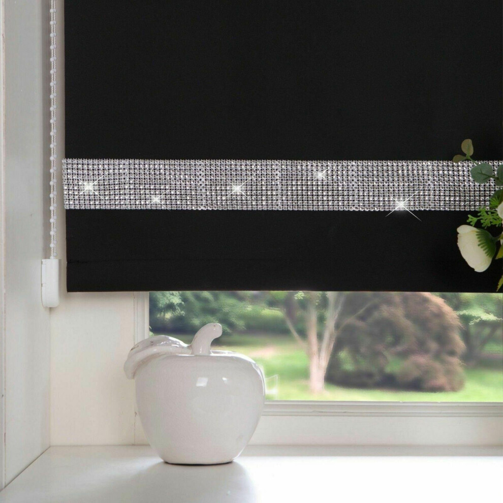 (Black, 150x165cm) Luxury Living Diamante Roller Blind Trimmable Polyester Roller Blind