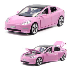 (Pink) 1:32 Tesla Model 3 Alloy Car Diecasts Toy Vehicles Sound Light Pull Back Cars