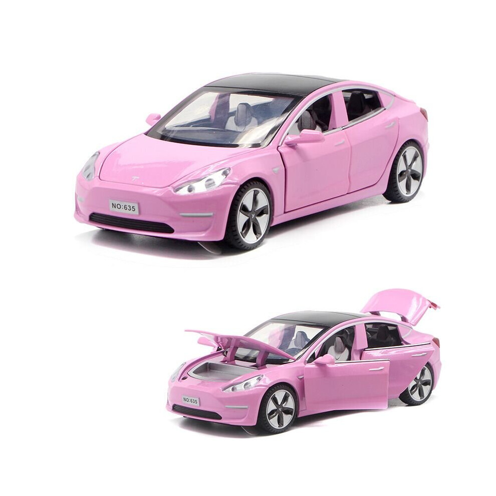 (Pink) 1:32 Tesla Model 3 Alloy Car Diecasts Toy Vehicles Sound Light Pull Back Cars
