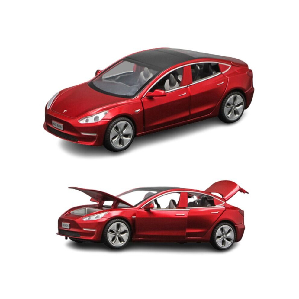 (Red) 1:32 Tesla Model 3 Alloy Car Diecasts Toy Vehicles Sound Light Pull Back Cars