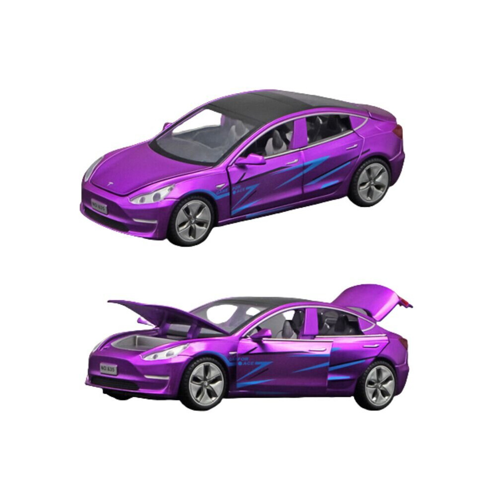 (Purple) 1:32 Tesla Model 3 Alloy Car Diecasts Toy Vehicles Sound Light Pull Back Cars