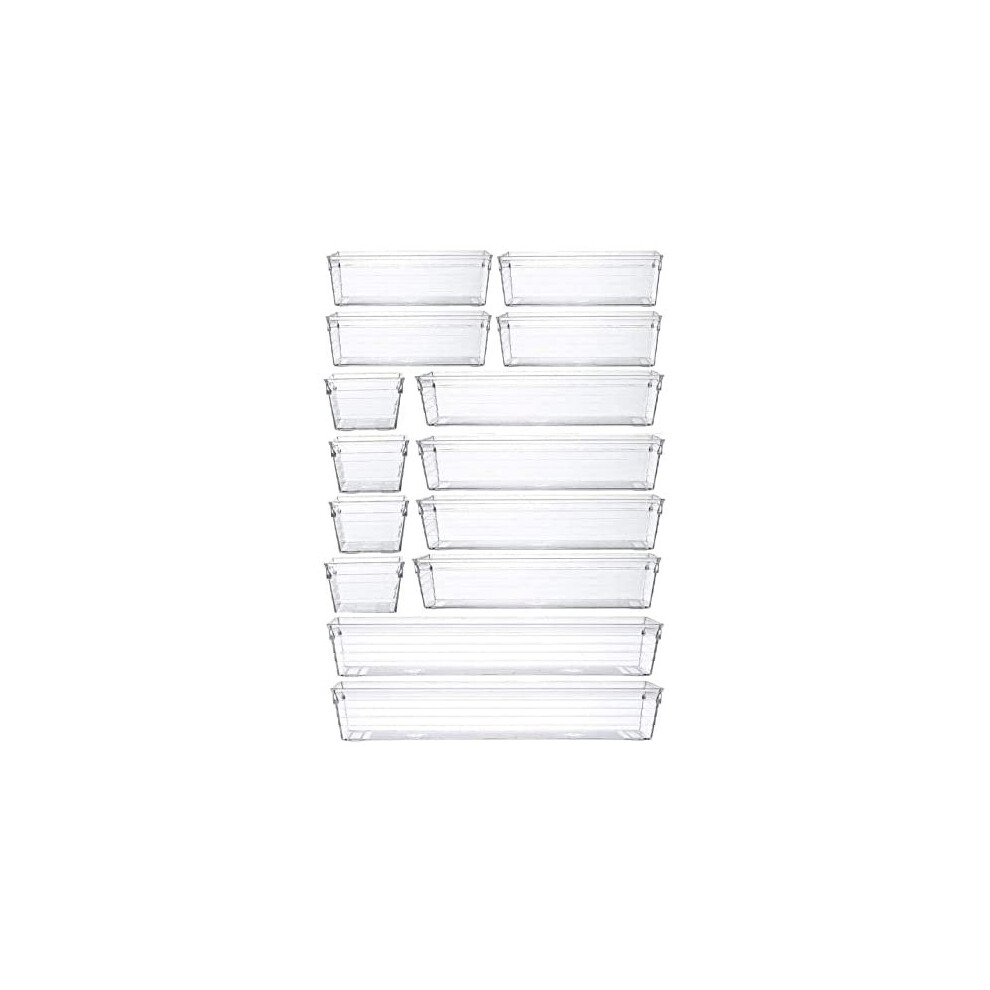 Grace Store 14 PCS Desk Drawer Organizer Clear Plastic kitchen Drawer Organiser Tray for Makeup, Kitchen Utensils, Office