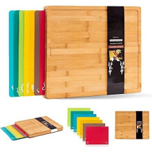 Winged Sirius 8 in 1 Extra Large Bamboo Wooden Chopping Boards Set with 7 Colour Coded PP Mats (Meat Bread Fish Cheese Dairy) Organic Antibacteri