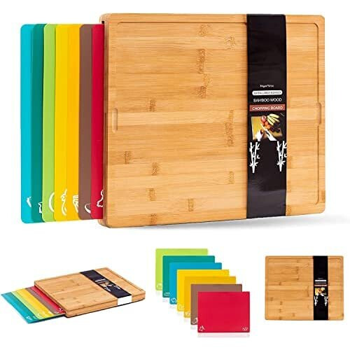 Winged Sirius 8-in-1 Bamboo Chopping Board Set with 7 Colour-Coded Mats for Meat, Bread, Fish, Cheese, Dairy - Antibacterial, Anti-Slip, Dual-Sided