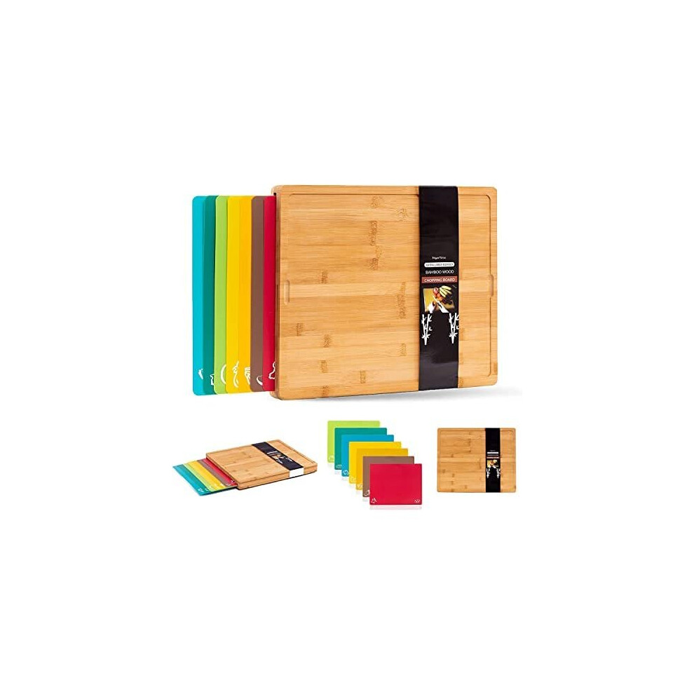 Winged Sirius 8 in 1 Extra Large Bamboo Wooden Chopping Boards Set with 7 Colour Coded PP Mats (Meat Bread Fish Cheese Dairy) Organic Antibacteri