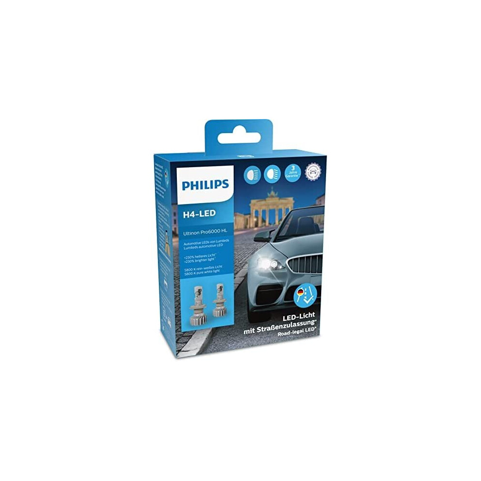 Philips Ultinon Pro6000 H4 LED Headlight Bulb with Road Approval, +230% Brighter Light