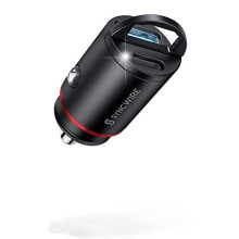 Syncwire USB-C Car Charger 30W PD & QC, Smallest Flush-Fit Dual-Port with Metal Body, Blue LED & Pull Ring