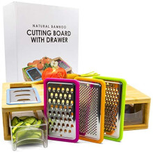 Bamboo Cutting Board with Containers by Thetford Design Durable and Sturdy Design Wooden Cutting Board with Sliding Drawers for Vegetables, F