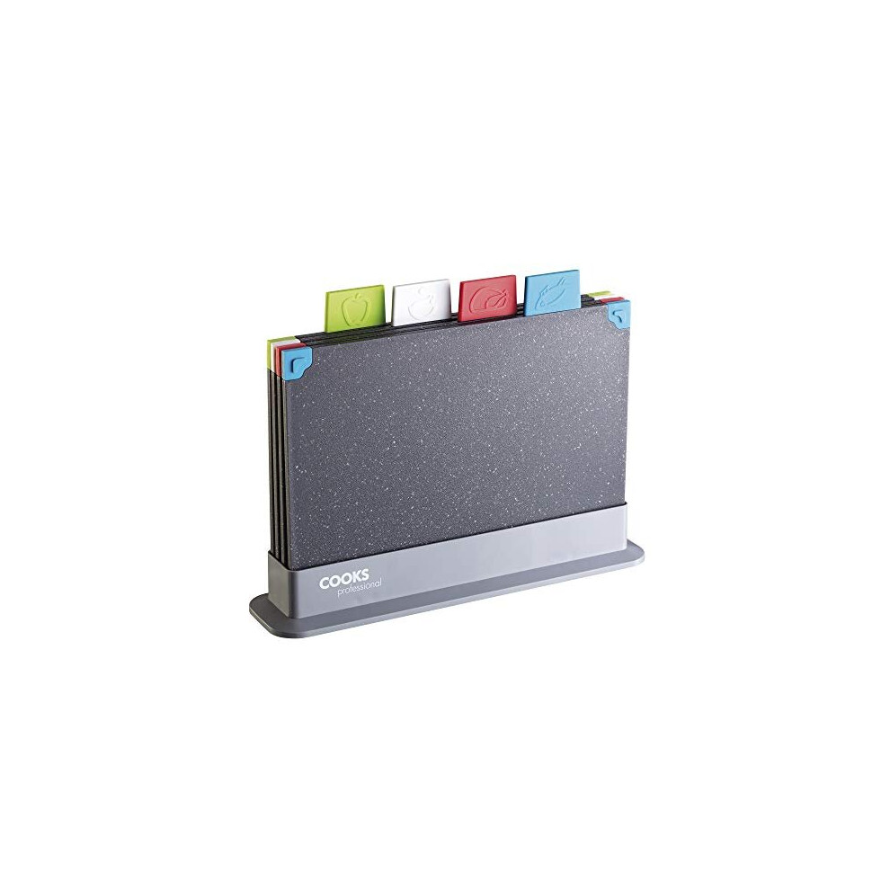 Cooks Professional 4-Piece Non-Slip Chopping Board Set With Storage Case, Granite Effect, Colour-Coded For Fruit & Vege, Dishwasher Safe