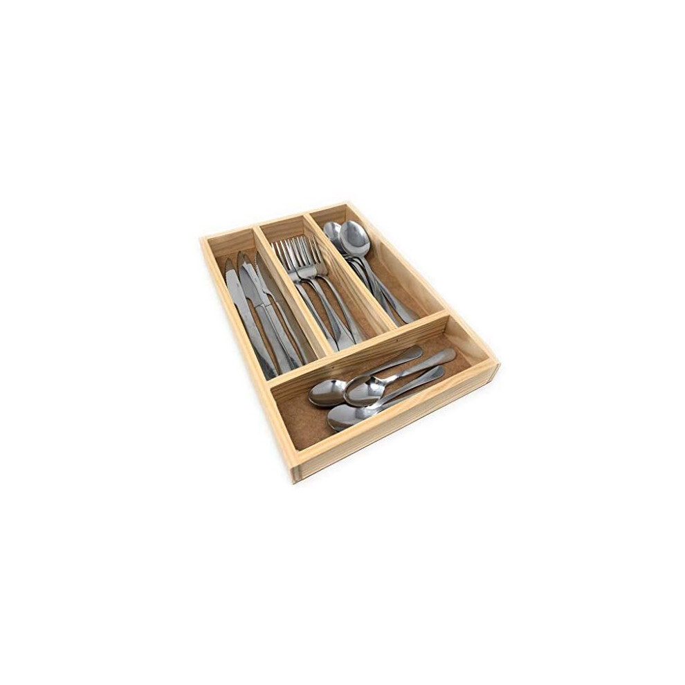 Space Home - Natural Wood Cutlery Drawer Tray - Cutlery Tray for Drawer - Drawer Divider - Wooden Organiser - 4 Compartments - 32 x 22 x 3.5 cm -