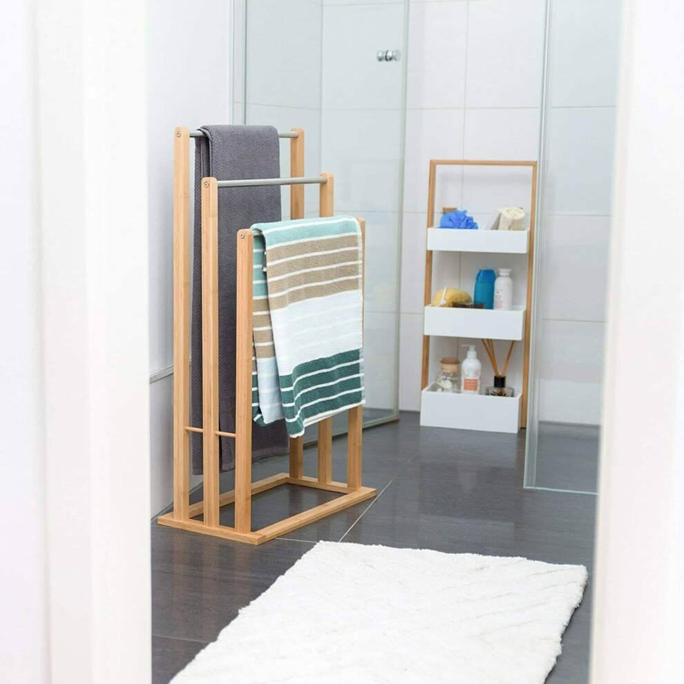 Bamboo wood wooden 3 tier steel poles towel holder freestanding drying stand