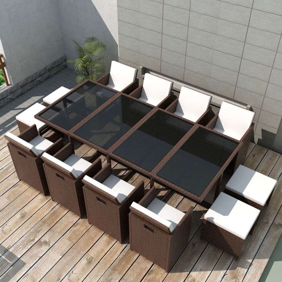 vidaXL Outdoor Dining Set 13 Piece with Cushions Poly Rattan Brown Garden Set